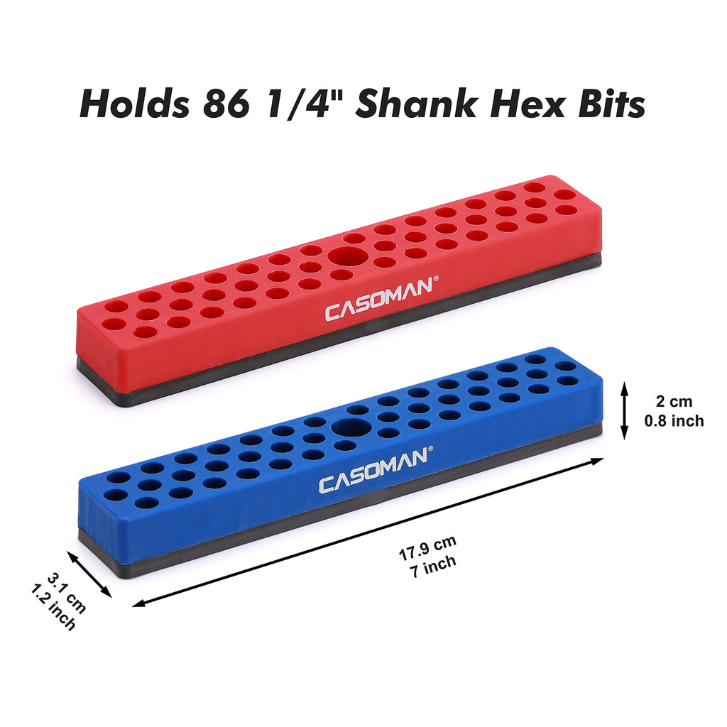 CASOMAN 1/4" Hex Bit Organizer, Red & Blue, 2PCS | 86 Hole, Magnetic Base, Strong Magnetic Base