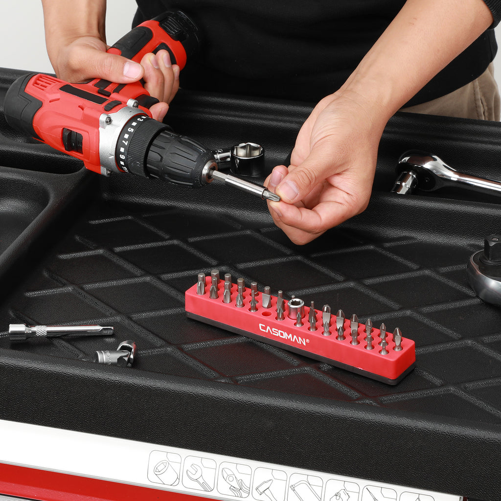 CASOMAN 1/4" Hex Bit Organizer, Red & Blue, 2PCS | 86 Hole, Magnetic Base, Strong Magnetic Base