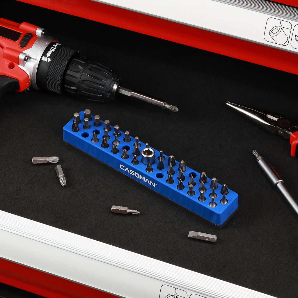 CASOMAN 1/4" Hex Bit Organizer, Red & Blue, 2PCS | 86 Hole, Magnetic Base, Strong Magnetic Base