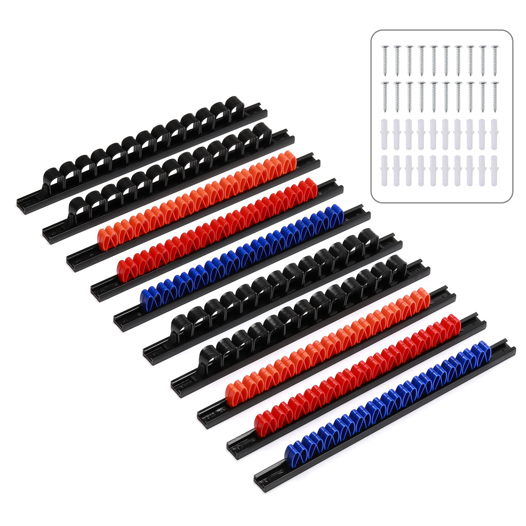 CASOMAN 10 pcs Screwdriver Organizer and Wrench Organizer, Wall Mount, Hand Tool Holder, Plastic Rail Wrench Hanger with Clips