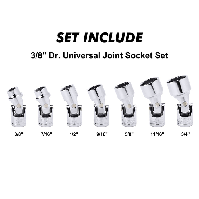 CASOMAN 3/8" Drive Universal Joint Socket Set, 7 Piece Flex Socket Set, 6-Point, Cr-V, SAE，3/8" to 3/4", CR-V, 360 Degree Rotation