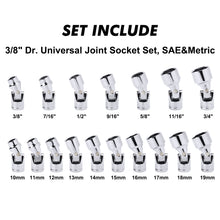 Load image into Gallery viewer, CASOMAN 17PCS 3/8" Drive Universal Flex Socket Set, SAE&amp;Metric, 3/8" to 3/4", 10mm to 19mm, 6-Point, CR-V, Swivel Head, 360 Degree Access
