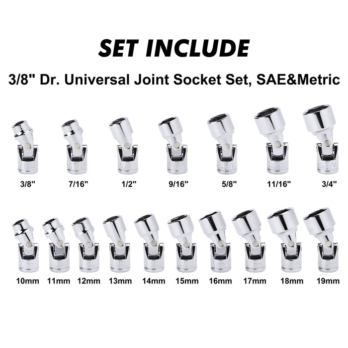 CASOMAN 17PCS 3/8" Drive Universal Flex Socket Set, SAE&Metric, 3/8" to 3/4", 10mm to 19mm, 6-Point, CR-V, Swivel Head, 360 Degree Access