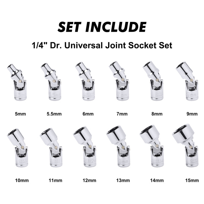CASOMAN 12PCS 1/4" Drive Universal Flex Socket Set, Metric, 5mm to 15mm, 6-Point, CR-V, Swivel Head, 360 Degree Access