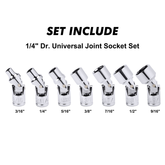 CASOMAN 7PCS 1/4" Drive Universal Flex Socket Set, SAE, 3/16" to 9/16", 6-Point, CR-V, Swivel Head, 360 Degree Access