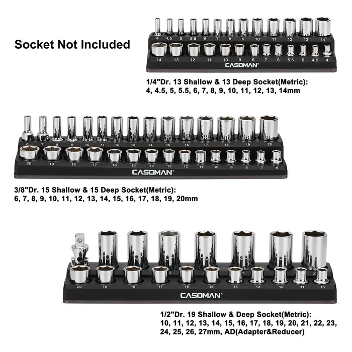 CASOMAN 3PCS Magnetic Socket Organizer, Socket Holder Kit, 1/2-inch, 3/8-inch, 1/4-inch Drive, Holds 75 Metric Sockets, Black Color, Professional Quality Tools Organizer