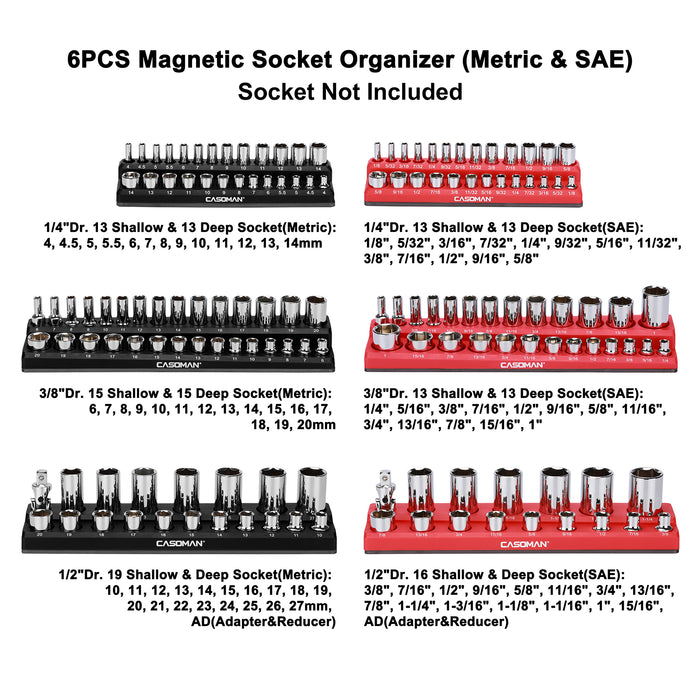CASOMAN 1/4-inch Magnetic Socket Organizer, Holds 26 Metric Sockets, Red  Color, Magnetic Socket Organizer Tray 