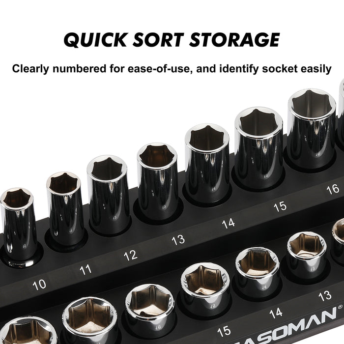 CASOMAN 2PCS 3/8-Inch Magnetic Socket Organizer, Holds 30 Metric & 26 SAE Sockets, Black & Green, Magnetic Socket Holder
