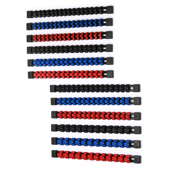 CASOMAN 12PC ABS Socket Organizer, Premium Quality Socket Holders,1/4-Inch x 48 Clips, 3/8-Inch x 90 Clips, 1/2-Inch x 36 Clips, Blue & Red & Black