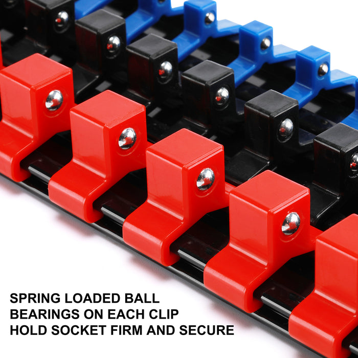 CASOMAN 12PC ABS Socket Organizer, Premium Quality Socket Holders,1/4-Inch x 48 Clips, 3/8-Inch x 90 Clips, 1/2-Inch x 36 Clips, Blue & Red & Black