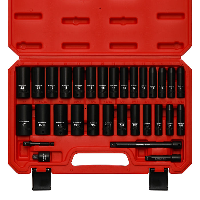 CASOMAN 3/8-Inch Deep Impact Socket Set, Metric & SAE, 31Piece Socket Set, CR-V, Includes Extension Bar (3, 6-inch) & Adapters, Heavy Duty Storage Case