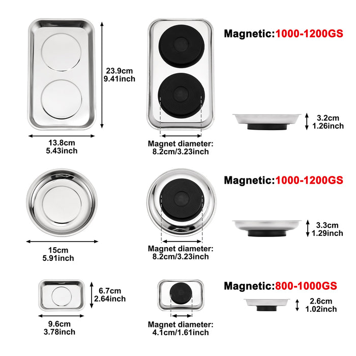 CASOMAN 3-Piece Round and Square Magnetic Trays Set, Stainless Steel, 5.9" Round Trays, 9.4" Wx5.4 L Square Trays & 3.8" W x 2.6" L Square Trays, for Socket Screw, Nuts, Bolts, Metal Parts