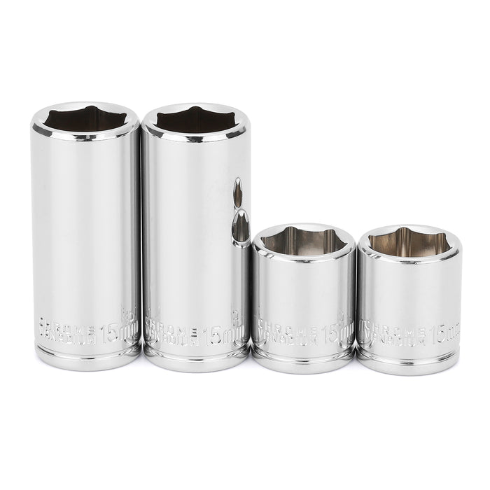 CASOMAN 4 Pieces 1/4-Inch Drive Impact Shallow Socket Set-15mm, Metric, 6 Point Desgin, Mirror Chrome Finish