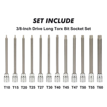 Load image into Gallery viewer, CASOMAN 3/8"Drive Extra Long Torx Bit Socket Set, 12 Piece Torx Stra Bit Set, T10 to T60, Length: 150mm, CR-V&amp;S2 Steel