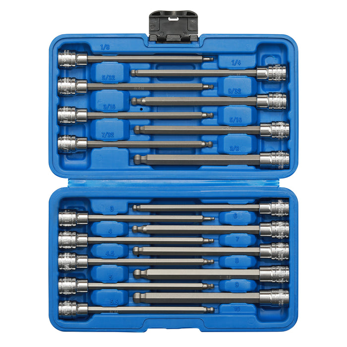 CASOMAN 3/8"Drive Extra Long Ball-End Hex Bit Socket Set, 18 Piece Allen Socket Set, Metric & SAE, 3mm to 10mm, 1/8" to 3/8", CR-V and S2 Steel
