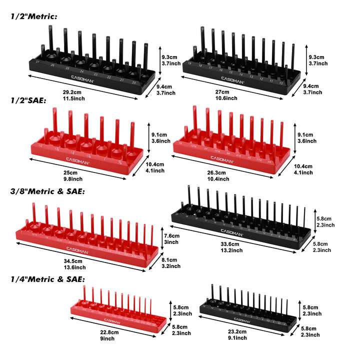 CASOMAN 8-Piece Metric & SAE Socket Keeper Socket Organizer Tray Set, Black & Red Socket Holder, Store 90 Shallow & 88 Deep Sockets