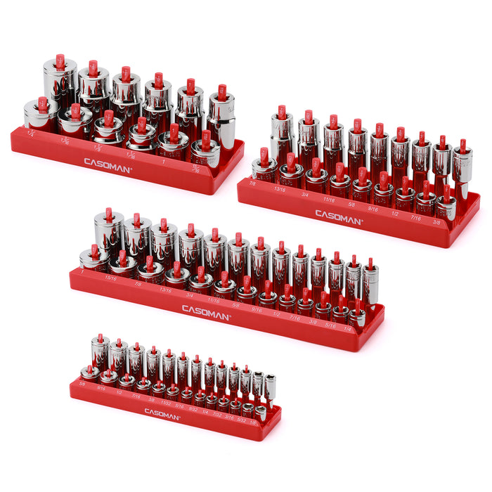 CASOMAN 4PCS Socket Tray Set, SAE, 1/2" & 3/8" & 1/4"Drive, Red Socket Holders and Socket Organizer Tray for Toolbox, Store 82 Deep & Shallow Sockets