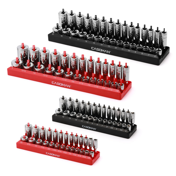 CASOMAN 4PCS Socket Tray Set, Black & Red, 3/8" & 1/4"Drive, Deep and Shallow Socket Holders and Socket Organizer Tray for Toolbox, Holds 52 SAE & 58 Metric Sockets