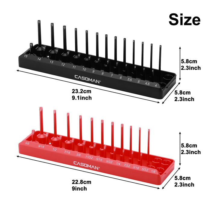 CASOMAN 2PCS Socket Tray Set, Black & Red, 1/4"Dr. Deep and Shallow Socket Holders, Holds 26 SAE & 28 Metric Sockets