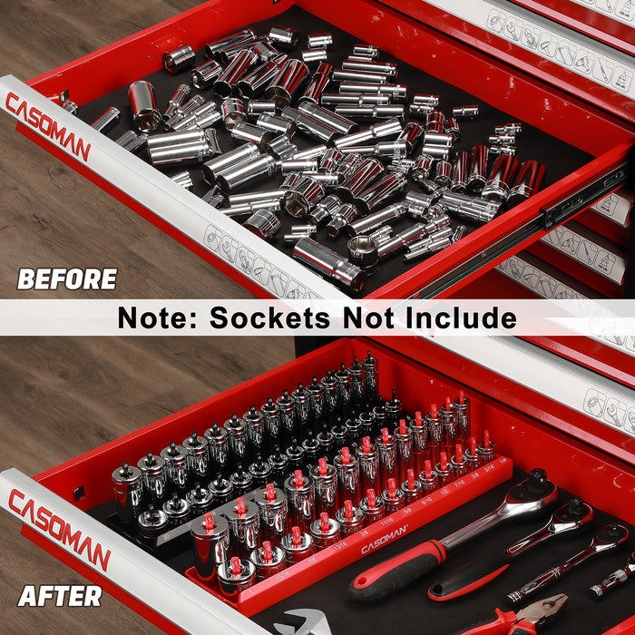 CASOMAN 2PCS Socket Tray Set, Black & Red, 3/8" Drive Deep and Shallow Socket Holders, Holds 26 SAE & 30 Metric Sockets