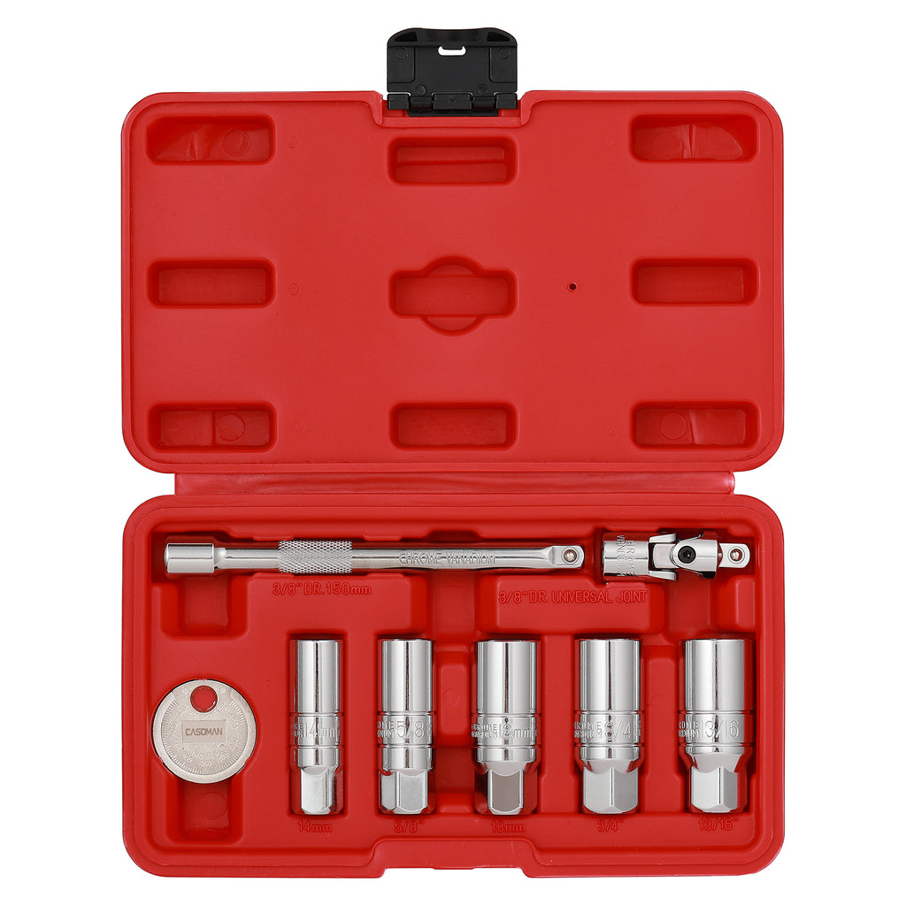 CASOMAN 3/8-Inch Drive Spark Plug Socket Set, 6-Point, Include Extension Bar, Unviersal Joint & Spark Plug Gapper, 8Piece Set, CR-V Steel