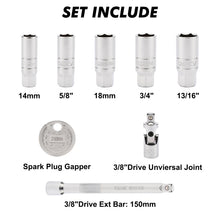 Load image into Gallery viewer, CASOMAN 3/8-Inch Drive Spark Plug Socket Set, 6-Point, Include Extension Bar, Unviersal Joint &amp; Spark Plug Gapper, 8Piece Set, CR-V Steel
