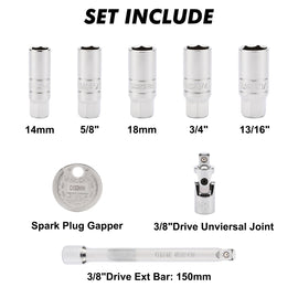 CASOMAN 3/8-Inch Drive Spark Plug Socket Set, 6-Point, Include Extension Bar, Unviersal Joint & Spark Plug Gapper, 8Piece Set, CR-V Steel