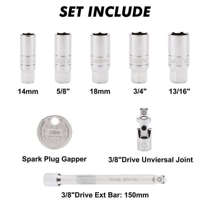 CASOMAN 3/8-Inch Drive Spark Plug Socket Set, 6-Point, Include Extension Bar, Unviersal Joint & Spark Plug Gapper, 8Piece Set, CR-V Steel