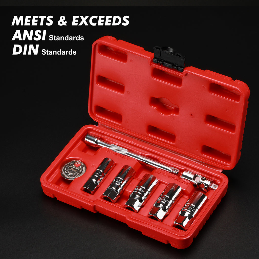 CASOMAN 3/8-Inch Drive Spark Plug Socket Set, 6-Point, Include Extension Bar, Unviersal Joint & Spark Plug Gapper, 8Piece Set, CR-V Steel
