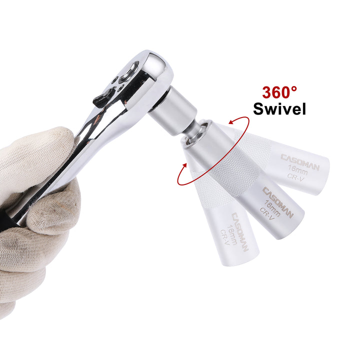 CASOMAN 2PCS 3/8" Dr. Swivel Magnetic Spark Plug Socket, 14mm & 16mm, 360° Degree Swivel, 12-Point, CR-V, Length: 4-Inch