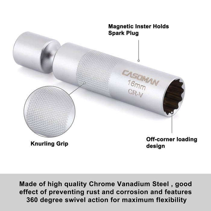 CASOMAN 2PCS 3/8" Dr. Swivel Magnetic Spark Plug Socket, 14mm & 16mm, 360° Degree Swivel, 12-Point, CR-V, Length: 4-Inch