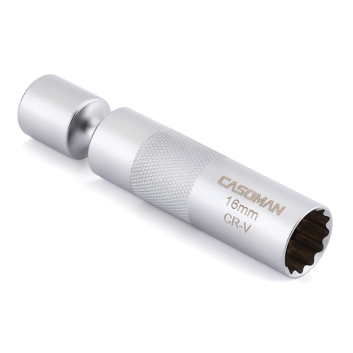CASOMAN 3/8" Dr. Swivel Magnetic Spark Plug Socket-16mm, 360° Degree Swivel, 12-Point, CR-V, Length: 4-Inch