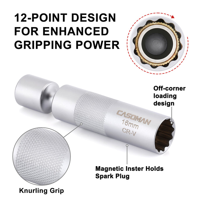 CASOMAN 3/8" Dr. Swivel Magnetic Spark Plug Socket-16mm, 360° Degree Swivel, 12-Point, CR-V, Length: 4-Inch