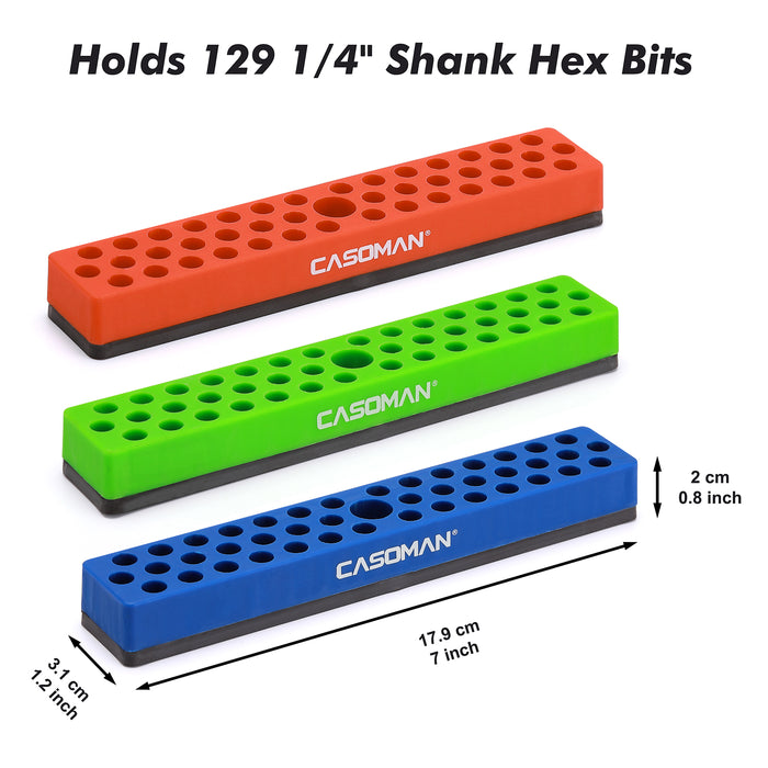 CASOMAN 3PCS 1/4" Hex Bit Organizer with Magnetic Base - Orange, Green & Blue, 129 Hole Bit Organizer with Strong Magnetic Base, Magnetic Bit Organizer for Your Specialty