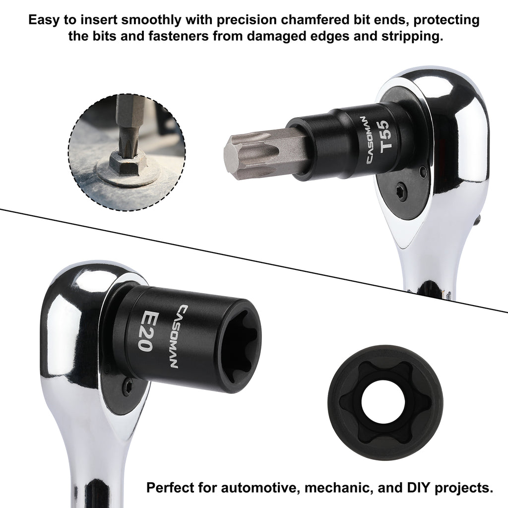 CASOMAN 32-Piece Torx Bit Socket and Female External Socket Set, 14 Star Bits (T8- T70) and 13 Female E-Torx Sockets (E4-E24), Include 5 Impact Socket Adapter