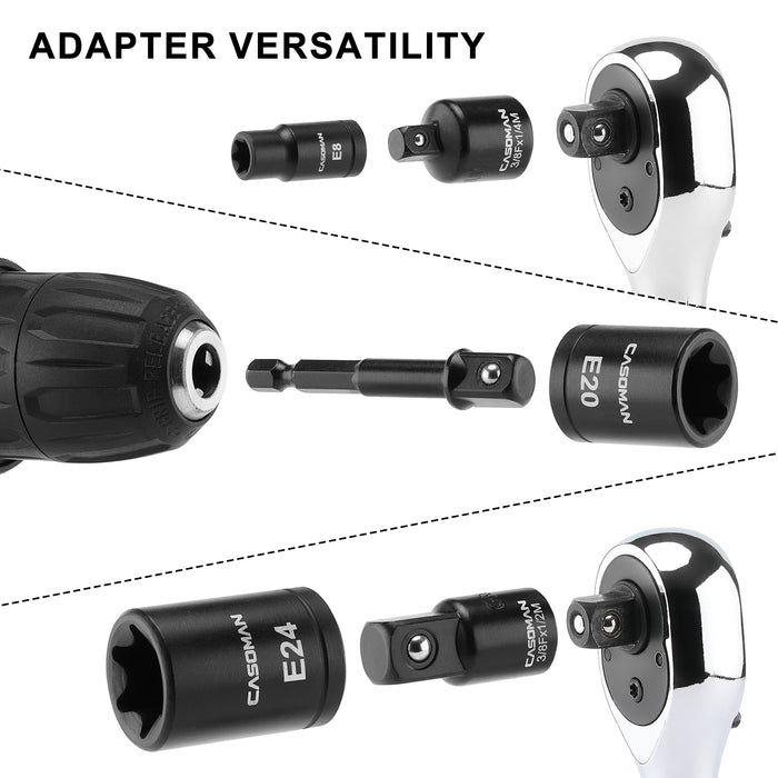 CASOMAN 32-Piece Torx Bit Socket and Female External Socket Set, 14 Star Bits (T8- T70) and 13 Female E-Torx Sockets (E4-E24), Include 5 Impact Socket Adapter