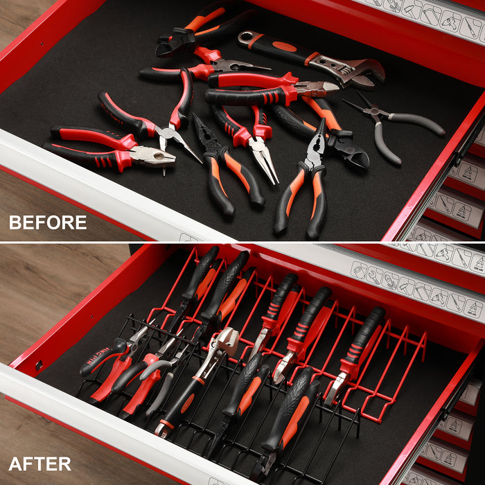 CASOMAN Plier Organizer Rack, 2 Pack, Pliers Cutters Organizer, Stores Spring Loaded, Black & Red, 29-Slot Plier Rack, Keep Pliers Organized in Tool Drawer