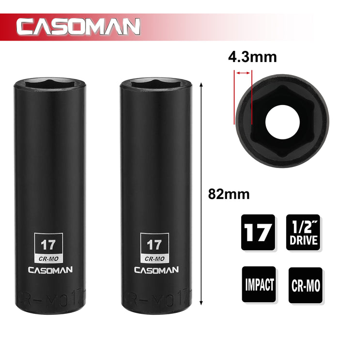 CASOMAN 1/2-Inch Drive x 17mm Deep Impact Socket, 2PCS Set, 6-Point, Metric, CR-MO
