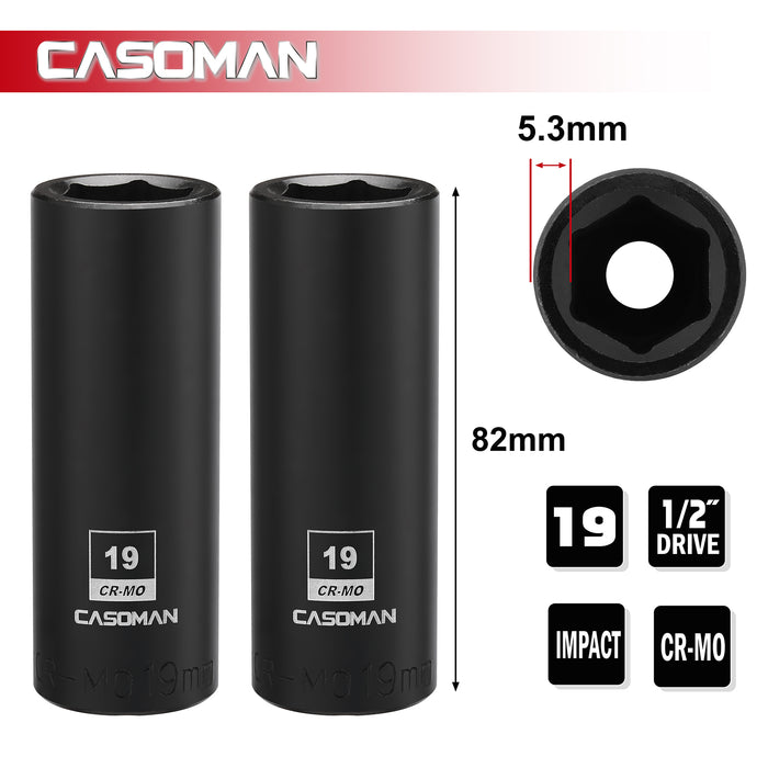 CASOMAN 2PCS 1/2-Inch Drive Deep Impact Socket-19mm, 6-Point, Metric, CR-MO        CASOMAN 2PCS 1/2-Inch Drive Deep Impact Socket-19mm, 6-Point, Metric, CR-MO