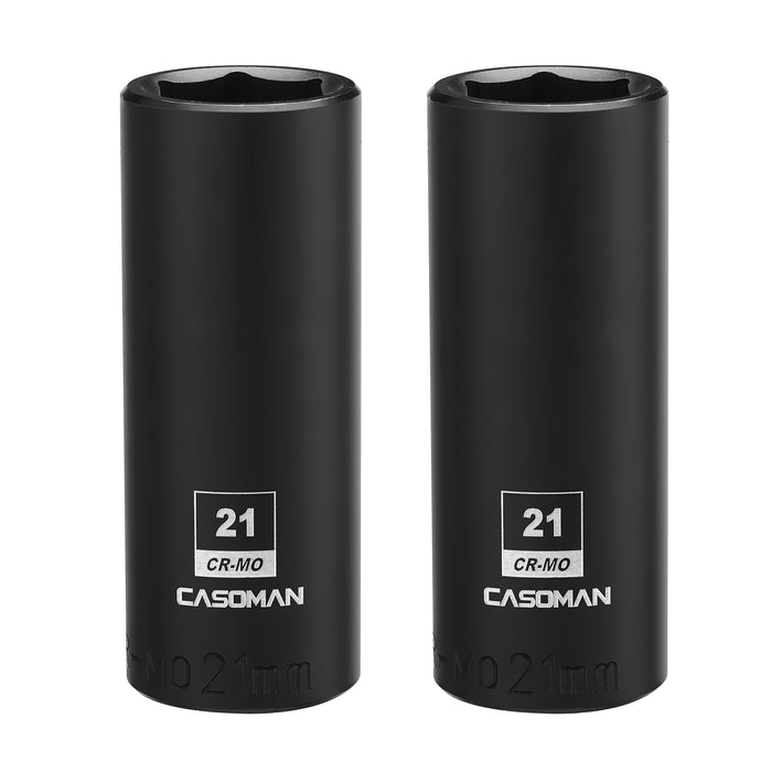 CASOMAN 1/2-Inch Drive x 21mm Deep Impact Socket, 2PCS Set, 6-Point, Metric, CR-MO