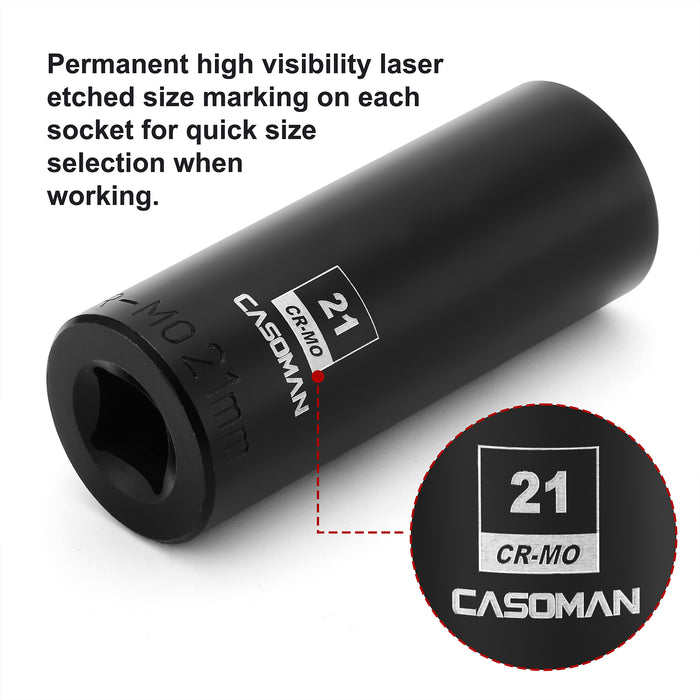CASOMAN 1/2-Inch Drive x 21mm Deep Impact Socket, 2PCS Set, 6-Point, Metric, CR-MO