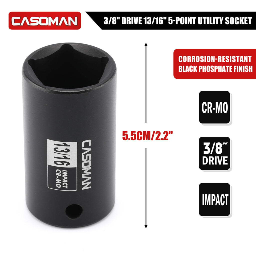 CASOMAN 3/8" Drive 13/16" 5-Point Impact Grade Utility Socket, CR-MO, Removes and Installs Penta Nuts and Bolts