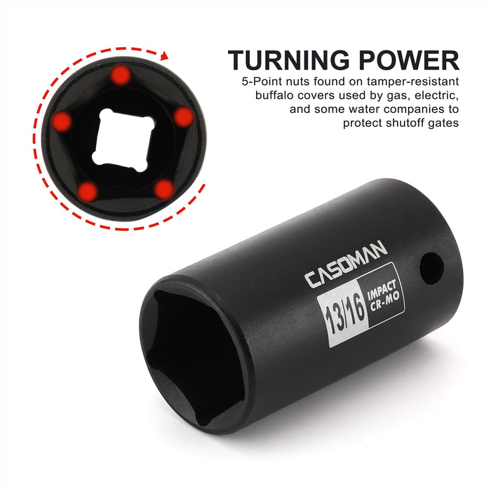 CASOMAN 3/8" Drive 13/16" 5-Point Impact Grade Utility Socket, CR-MO, Removes and Installs Penta Nuts and Bolts