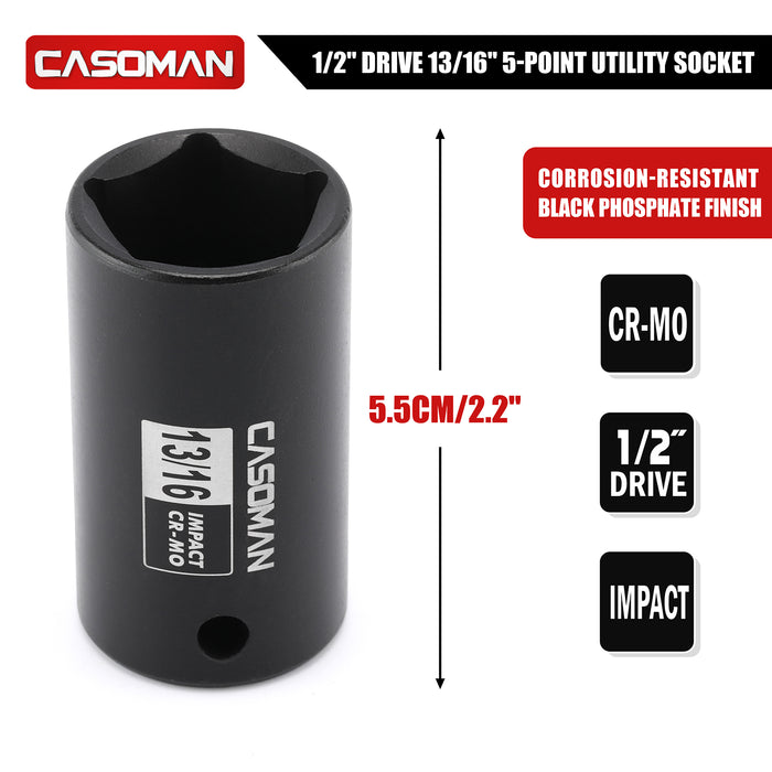 CASOMAN 1/2" Drive 13/16-inch Penta Socket, 5 Point Utility Socket, CR-MO, Removes and Installs Penta Nuts and Bolts for Utility Service