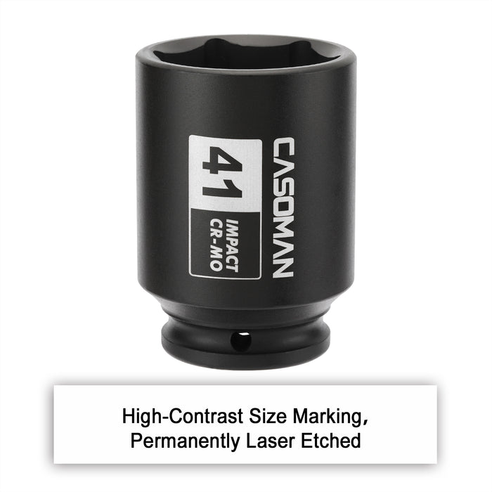 CASOMAN 1/2" Drive x 41mm Deep 6 PT Impact Socket, CR-MO, 1/2-Inch Drive Axle Nut Socket for Easy Removal of Axle Shaft Nuts (41MM)