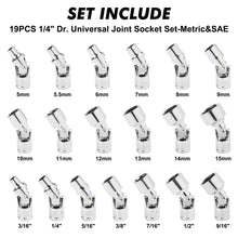 Load image into Gallery viewer, CASOMAN 19PCS 1/4" Drive Universal Joint Socket Set, Metric(5mm to 15mm) &amp; SAE(3/16" to 1"), Flexible Wobble Sockets for Easier Access to Tight Spaces, 6-Point, Cr-V