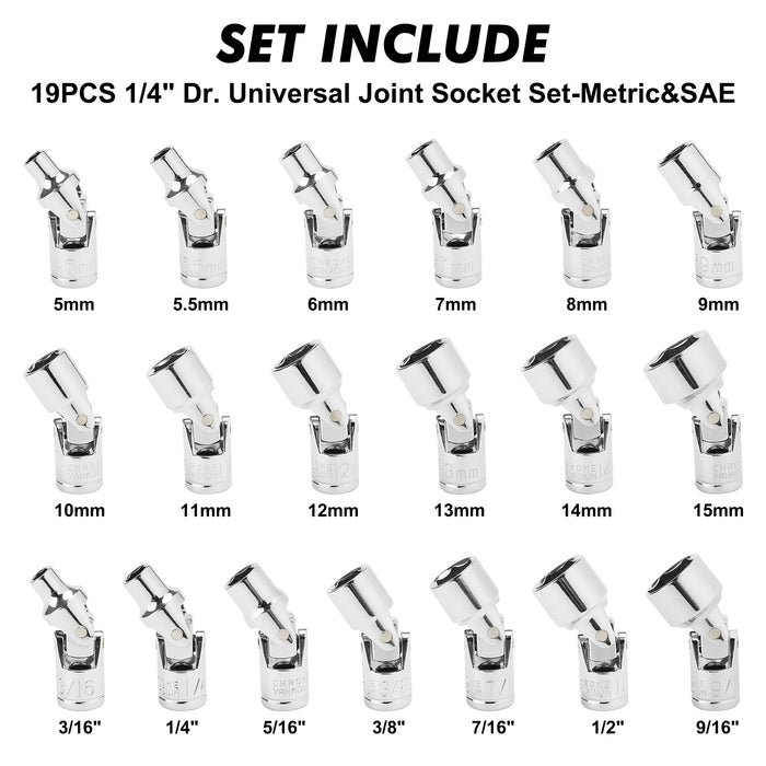 CASOMAN 19PCS 1/4" Drive Universal Joint Socket Set, Metric(5mm to 15mm) & SAE(3/16" to 1"), Flexible Wobble Sockets for Easier Access to Tight Spaces, 6-Point, Cr-V