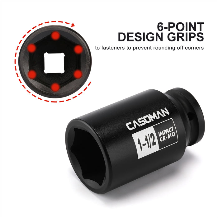 CASOMAN 3/4"Drive Deep Impact Socket-1-1/2", SAE, 6-Point, CR-MO, Black Phosphate Finish