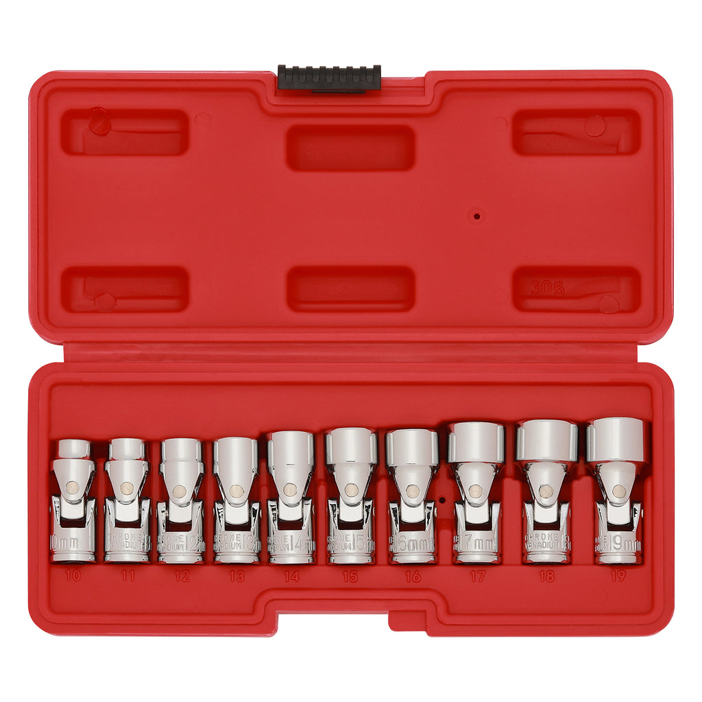 CASOMAN 3/8" Drive Universal Joint Socket Set- 10 Piece Flex Socket Set, 12-Point, Cr-V, Metric, 10-19mm, Mirror Chrome Finish
