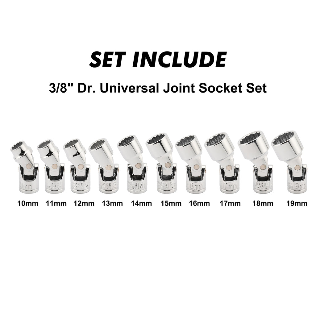 CASOMAN 3/8" Drive Universal Joint Socket Set- 10 Piece Flex Socket Set, 12-Point, Cr-V, Metric, 10-19mm, Mirror Chrome Finish